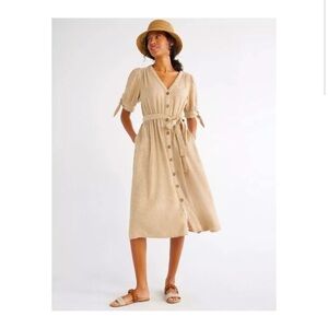 Time & Tru Shirt Dress Womens Large 12-14 Linen Blend Tie Sleeve Belted Pockets